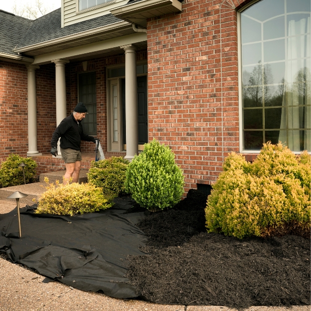 Freshly installed mulch in a garden bed during summer preparation in Carmel, IN